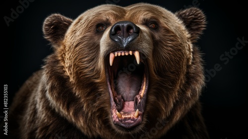 A brown bear with its mouth open on a black background photo