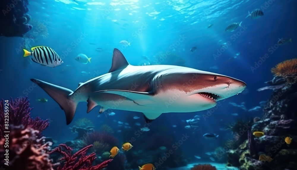 Great white shark in the ocean, portrait of White shark hunting prey in the underwater Great white shark in the ocean, portrait of White shark hunting prey in the underwater