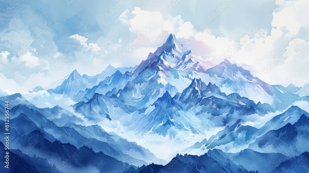 watercolor The image is of snow-capped mountains with clouds in the sky. The mountains are in the distance and are covered in snow. The sky is blue and there are some clouds in the sky. watercolor The image is of snow-capped mountains with clouds in the sky. The mountains are in the distance and are covered in snow. The sky is blue and there are some clouds in the sky.
