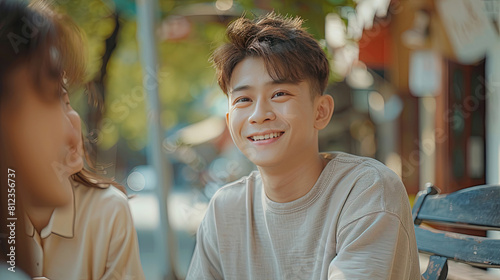 a happy and sincere smile on a young man face. full portrait. handshome and charismatic photo