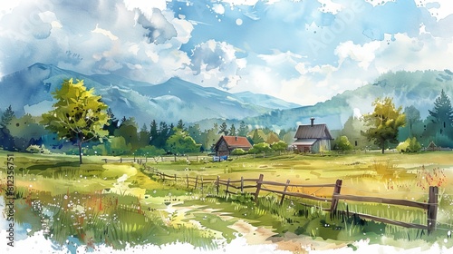 watercolor The image shows a beautiful landscape with a mountain range in the distance