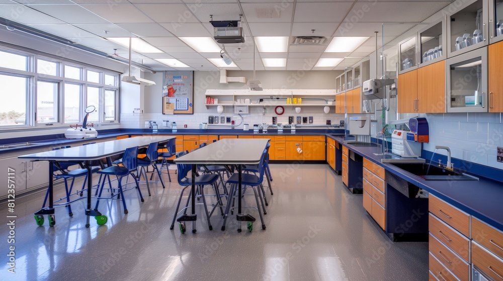 A middle school science classroom with lab stations and a safety shower.