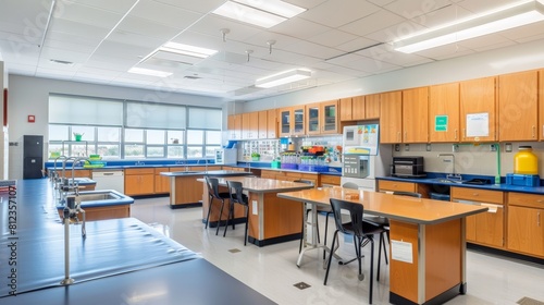 A middle school science classroom with lab stations and a safety shower.