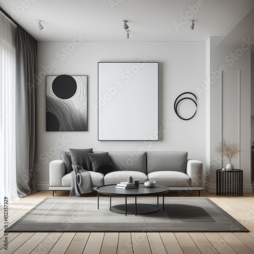 A living room with a template mockup poster empty white and with a couch and a coffee table image attractive has illustrative meaning.