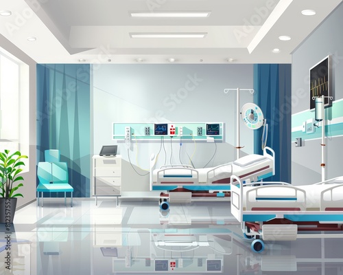 A modern hospital room interior with adjustable beds and medical equipment.