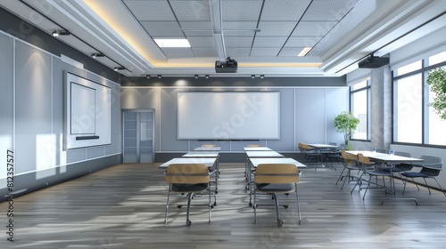 A modern teachers' meeting room with a large smartboard and modular furniture. photo