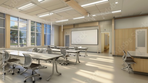 A modern teachers  meeting room with a large smartboard and modular furniture.