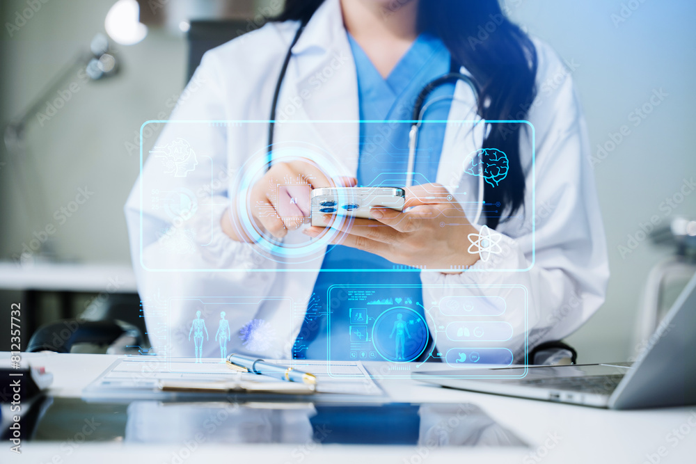 Medical technology, doctor use AI robots for diagnosis and increasing accuracy patient treatment in future. doctor hand working with tablet, computer with his team Medical research to improve patient Medical technology, doctor use AI robots for diagnosis and increasing accuracy patient treatment in future. doctor hand working with tablet, computer with his team Medical research to improve patient