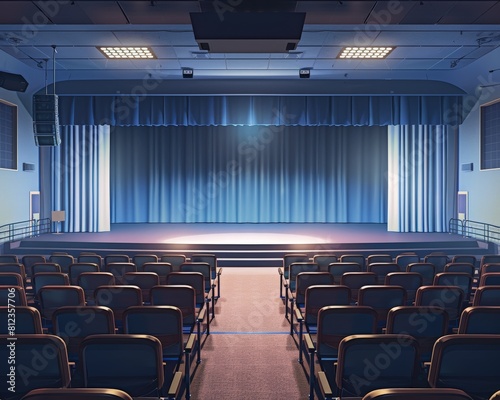 A school auditorium with a stage, curtains, and rows of seating. photo
