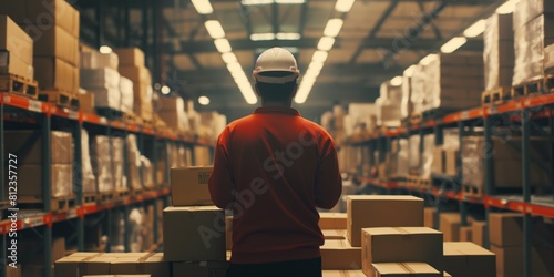 A warehouse worker in a safety helmet stands amidst rows of neatly stacked boxes, overseeing stock photo