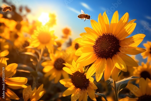 Sunlit field of bright sunflowers  bees buzzing gently  under a clear blue sky  ideal for summer vibes