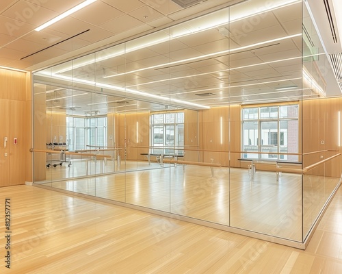 A school dance studio with mirrored walls  a barre  and a sprung floor.