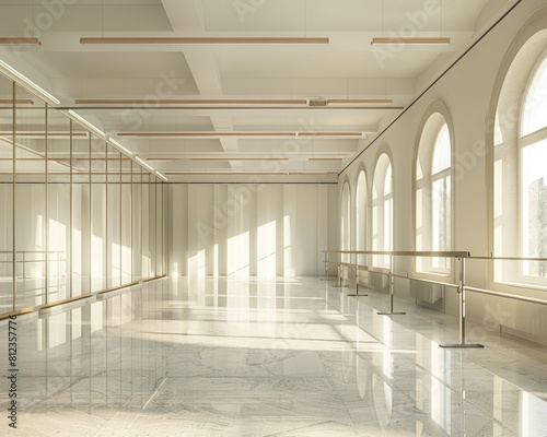 A school dance studio with mirrored walls  a barre  and a sprung floor.