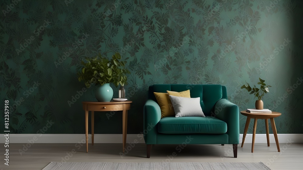 Chair and turquoise sofa in green living room interior with leaves wallpaper and table. Real photo Generative AI Chair and turquoise sofa in green living room interior with leaves wallpaper and table. Real photo Generative AI