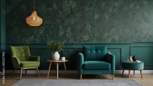 Chair and turquoise sofa in green living room interior with leaves wallpaper and table. Real photo Generative AI photo