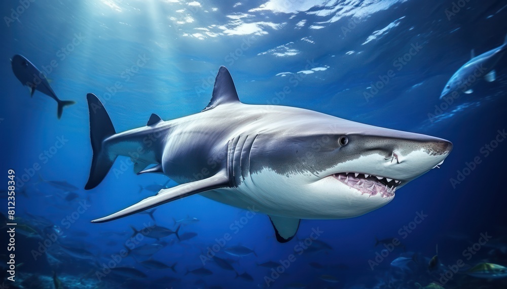 Obraz premium Great white shark in the ocean, portrait of White shark hunting prey in the underwater