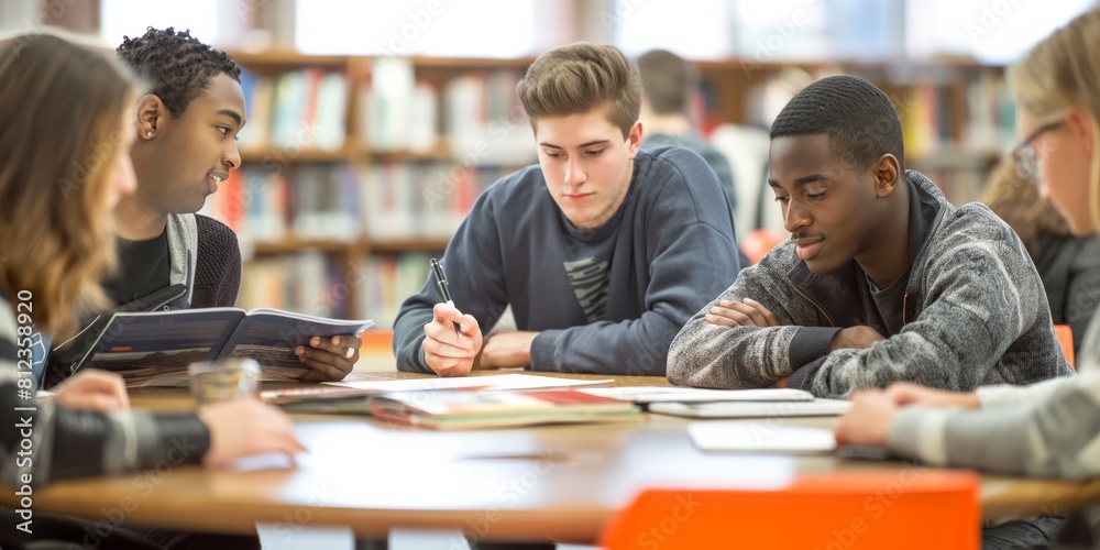 Diverse group of focused students engage in a collaborative study session in a library Diverse group of focused students engage in a collaborative study session in a library