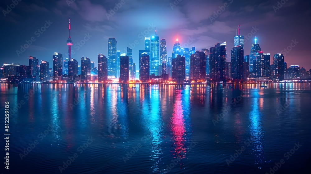 Illuminated City Skyline at Twilight A Modern Metropoliss Glowing Silhouette