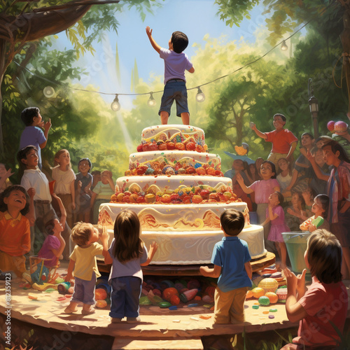 Drawing of a young boy standing on top of an extremely oversized birthday cake with his friends standing around the cake at his birthday party.
