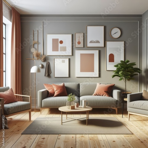 A living room with a template mockup poster empty white and with couches and chair art photo harmony card design.