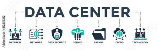 Data center banner web icon concept with icon of database, network, data security, server, backup, cloud, and technology. Vector illustration 