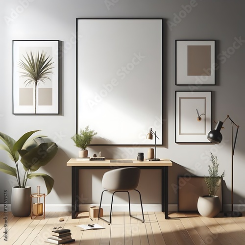 A desk with a chair and a picture frame on the wall image has illustrative meaning card design.