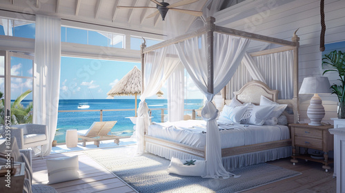 A coastal-themed bedroom with a breezy white canopy bed overlooking panoramic ocean views, decorated with nautical accents and beach-inspired decor, evoking a sense of serenity and relaxation