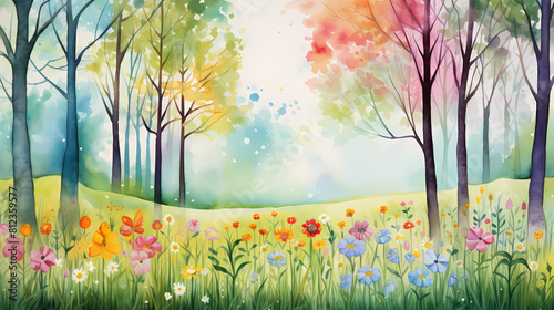 watercolor pring flowers and trees illustration background poster decorative painting