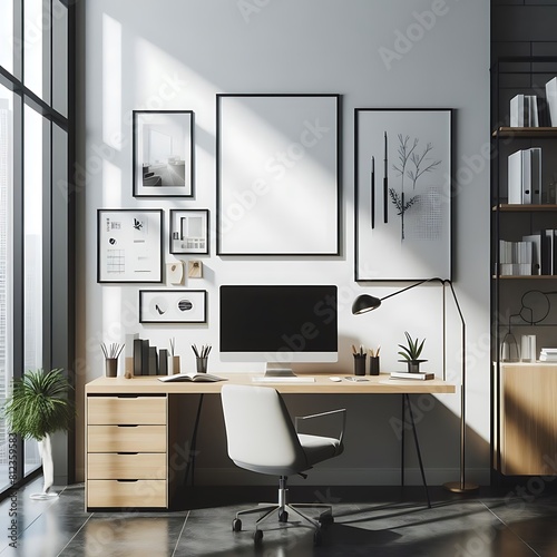 A desk with a computer and a chair in front of a window image art photo harmony. © Tunrino