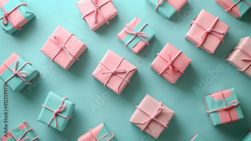 A collection of small packing boxes wrapped in elegant pink and aqua paper, set against a serene aqua background, ready to bring joy to their recipients upon delivery photo