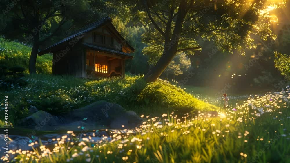 Cabin at forest in summer, sunlight illuminating the forest surroundings. looping time-lapse video Cabin at forest in summer, sunlight illuminating the forest surroundings. looping time-lapse video