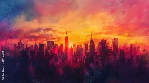 Portray a city skyline at sunset  with the silhouette of skyscrapers outlined against a colorful sky painted in hues of orange and pink