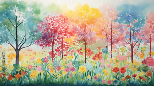 watercolor pring flowers and trees illustration background poster decorative painting