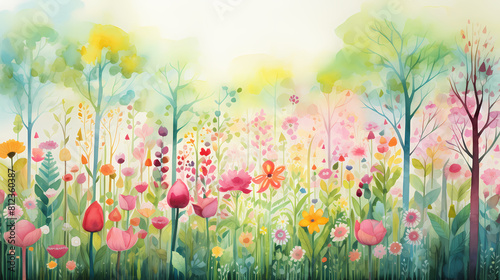 watercolor pring flowers and trees illustration background poster decorative painting © Wu