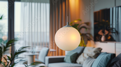 A contemporary globe pendant lamp with a frosted glass shade, suspended from the ceiling and diffusing soft and even light throughout a modern living room