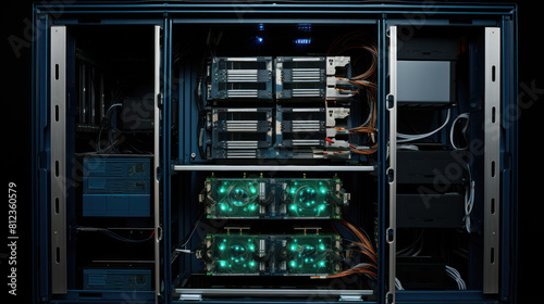 The image shows a server rack with multiple servers and network switches. The servers are lit up with green and blue lights.