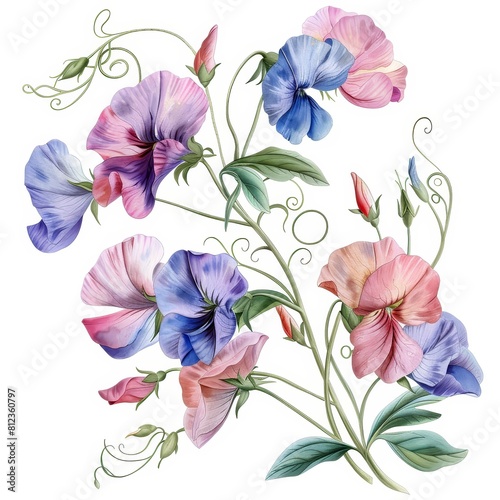 A beautiful watercolor painting of sweet peas in shades of pink  purple  and blue.