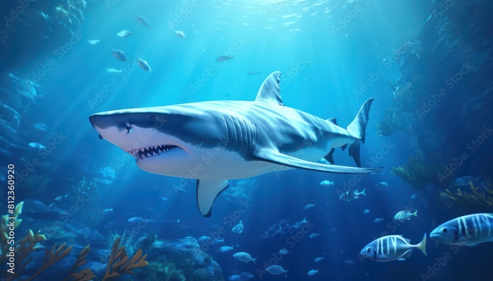 Great white shark in the ocean, portrait of White shark hunting prey in the underwater Great white shark in the ocean, portrait of White shark hunting prey in the underwater