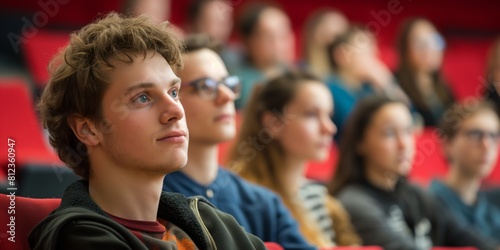 Young male student attentively listening in a university lecture hall with peers around him