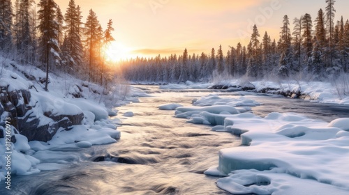 beautiful natural scenery in winter. The setting sun provides a backdrop that casts light on the flowing river and the snowy trees stand on both sides of the river