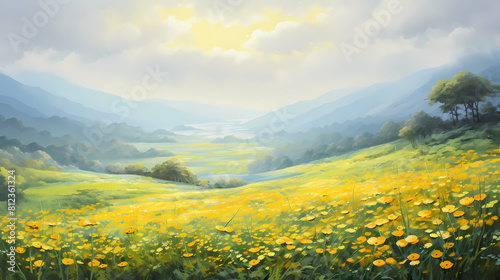 Hand painting yellow flowers field illustration background poster decorative painting
