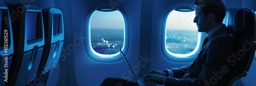 A businessman in formal attire looks out of an airplane window during flight photo