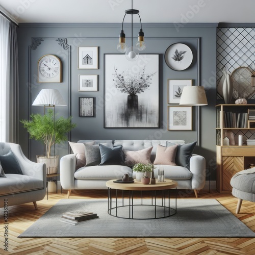 A living room with a template mockup poster empty white and with grey walls and a couch and a coffee table art photo attractive lively.