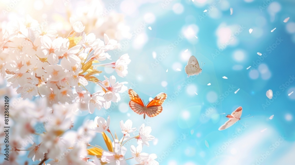 a beautiful and calming view of white flowers in full bloom against the backdrop of a bright blue sky. There were two white butterflies flying among the flowers