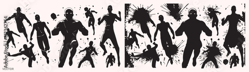 Set of Black and White Silhouette Illustrations of Superhero Man in Various Poses with Comic Style Splashes