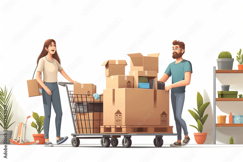 Couple moving house. Man and woman with cardboard boxes. Relocation and new home concept. Vector illustration. Couple moving house. Man and woman with cardboard boxes. Relocation and new home concept. Vector illustration.