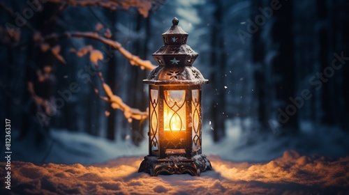 A Christmas lantern in a forest on snow photo