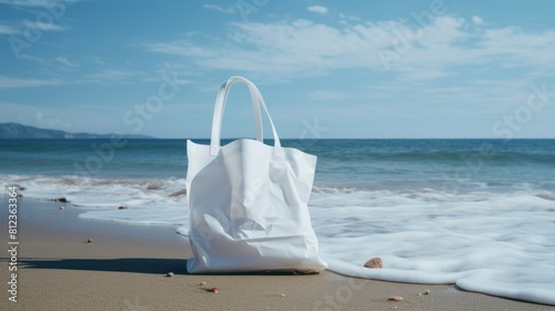 A white recyclable Tote bag on an ocean beach photo