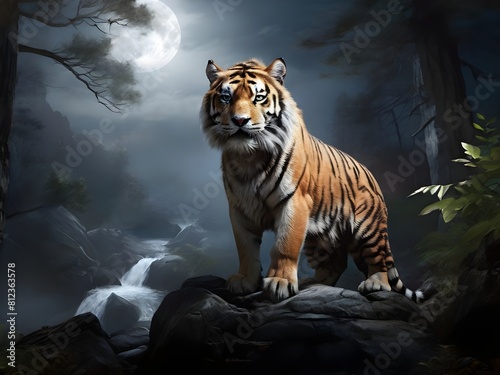 tiger on the rock on moonlit forest