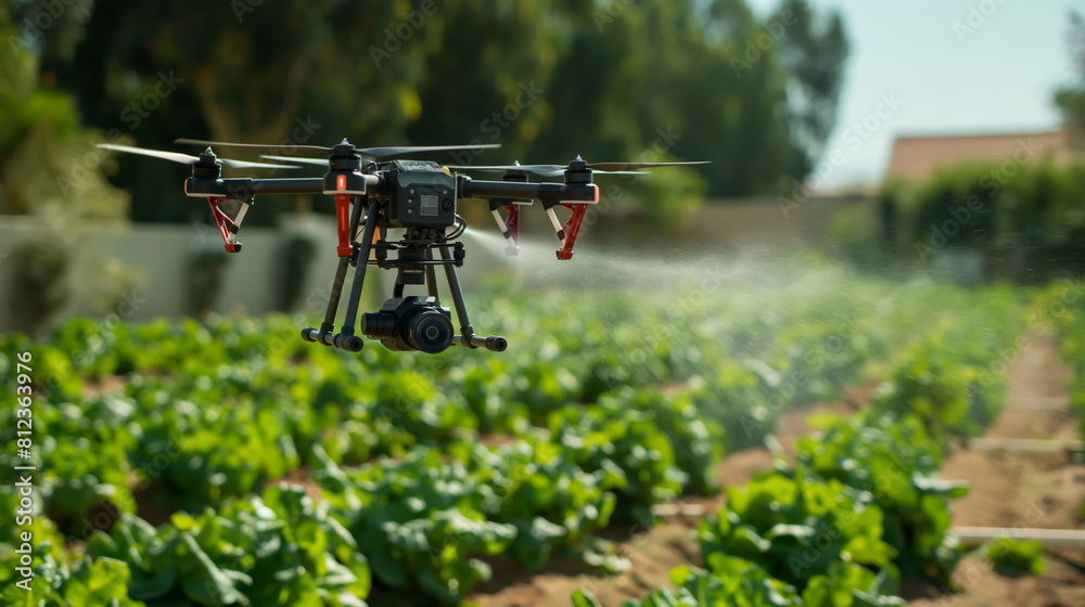 A drone is flying over a field of green plants. A drone is flying over a field of green plants.